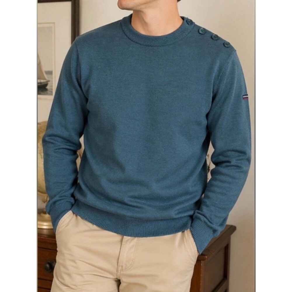 Armor Lux Wool Sweater Mens M Teal Crewneck Nautical Button Shoulder NWT